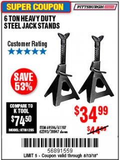 Harbor Freight Coupon 6 TON HEAVY DUTY STEEL JACK STANDS Lot No. 61197/38847/69596/62393 Expired: 8/13/18 - $34.99