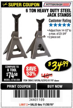 Harbor Freight Coupon 6 TON HEAVY DUTY STEEL JACK STANDS Lot No. 61197/38847/69596/62393 Expired: 11/30/18 - $34.99