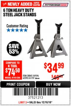 Harbor Freight Coupon 6 TON HEAVY DUTY STEEL JACK STANDS Lot No. 61197/38847/69596/62393 Expired: 12/16/18 - $34.99