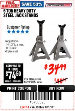 Harbor Freight Coupon 6 TON HEAVY DUTY STEEL JACK STANDS Lot No. 61197/38847/69596/62393 Expired: 1/31/19 - $34.99
