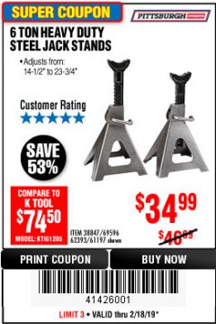 Harbor Freight Coupon 6 TON HEAVY DUTY STEEL JACK STANDS Lot No. 61197/38847/69596/62393 Expired: 2/18/19 - $34.99
