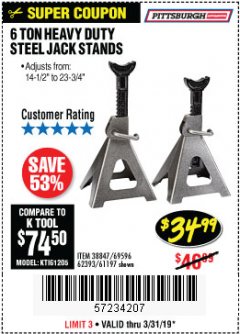 Harbor Freight Coupon 6 TON HEAVY DUTY STEEL JACK STANDS Lot No. 61197/38847/69596/62393 Expired: 3/31/19 - $34.99