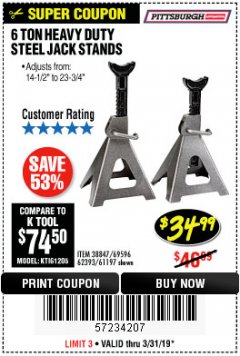 Harbor Freight Coupon 6 TON HEAVY DUTY STEEL JACK STANDS Lot No. 61197/38847/69596/62393 Expired: 3/31/19 - $34.99