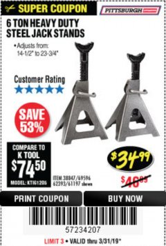 Harbor Freight Coupon 6 TON HEAVY DUTY STEEL JACK STANDS Lot No. 61197/38847/69596/62393 Expired: 3/31/19 - $34.99