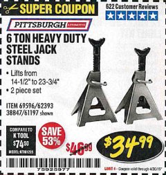 Harbor Freight Coupon 6 TON HEAVY DUTY STEEL JACK STANDS Lot No. 61197/38847/69596/62393 Expired: 4/30/19 - $34.99