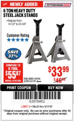 Harbor Freight Coupon 6 TON HEAVY DUTY STEEL JACK STANDS Lot No. 61197/38847/69596/62393 Expired: 3/17/19 - $33.99