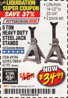 Harbor Freight Coupon 6 TON HEAVY DUTY STEEL JACK STANDS Lot No. 61197/38847/69596/62393 Expired: 5/31/19 - $34.99