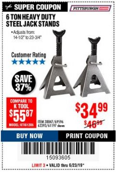 Harbor Freight Coupon 6 TON HEAVY DUTY STEEL JACK STANDS Lot No. 61197/38847/69596/62393 Expired: 6/23/19 - $34.99