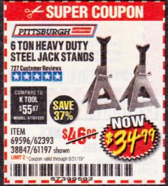 Harbor Freight Coupon 6 TON HEAVY DUTY STEEL JACK STANDS Lot No. 61197/38847/69596/62393 Expired: 8/31/19 - $34.99
