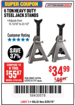 Harbor Freight Coupon 6 TON HEAVY DUTY STEEL JACK STANDS Lot No. 61197/38847/69596/62393 Expired: 8/26/19 - $34.99