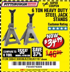 Harbor Freight Coupon 6 TON HEAVY DUTY STEEL JACK STANDS Lot No. 61197/38847/69596/62393 Expired: 11/12/19 - $34.99