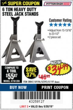 Harbor Freight Coupon 6 TON HEAVY DUTY STEEL JACK STANDS Lot No. 61197/38847/69596/62393 Expired: 9/30/19 - $34.99