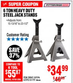Harbor Freight Coupon 6 TON HEAVY DUTY STEEL JACK STANDS Lot No. 61197/38847/69596/62393 Expired: 10/4/19 - $34.99