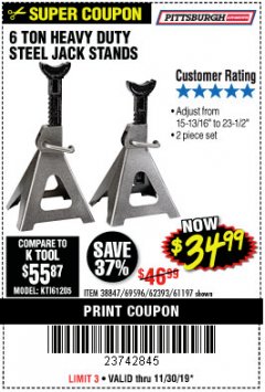 Harbor Freight Coupon 6 TON HEAVY DUTY STEEL JACK STANDS Lot No. 61197/38847/69596/62393 Expired: 11/30/19 - $34.99