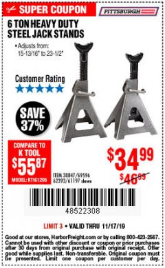 Harbor Freight Coupon 6 TON HEAVY DUTY STEEL JACK STANDS Lot No. 61197/38847/69596/62393 Expired: 11/17/19 - $34.99