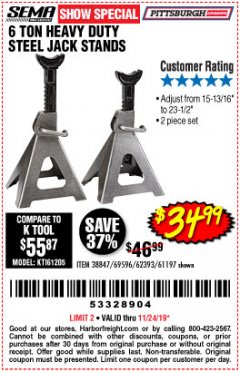 Harbor Freight Coupon 6 TON HEAVY DUTY STEEL JACK STANDS Lot No. 61197/38847/69596/62393 Expired: 11/24/19 - $34.99