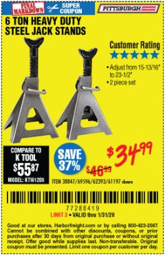 Harbor Freight Coupon 6 TON HEAVY DUTY STEEL JACK STANDS Lot No. 61197/38847/69596/62393 Expired: 1/31/20 - $34.99