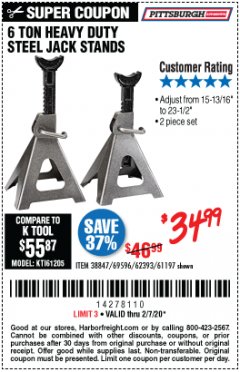 Harbor Freight Coupon 6 TON HEAVY DUTY STEEL JACK STANDS Lot No. 61197/38847/69596/62393 Expired: 2/7/20 - $34.99