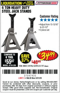Harbor Freight Coupon 6 TON HEAVY DUTY STEEL JACK STANDS Lot No. 61197/38847/69596/62393 Expired: 3/31/20 - $34.99