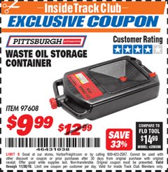 Harbor Freight ITC Coupon PITTSBURGH WASTE OIL STORAGE CONTAINER Lot No. 97608 Expired: 11/30/18 - $9.99