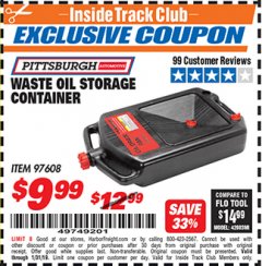Harbor Freight ITC Coupon PITTSBURGH WASTE OIL STORAGE CONTAINER Lot No. 97608 Expired: 1/31/19 - $9.99