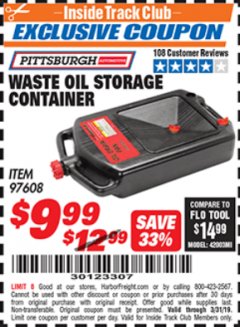 Harbor Freight ITC Coupon PITTSBURGH WASTE OIL STORAGE CONTAINER Lot No. 97608 Expired: 3/31/19 - $9.99