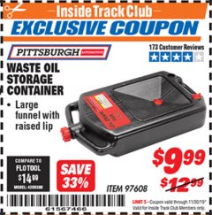 Harbor Freight ITC Coupon WASTE OIL STORAGE CONTAINER Lot No. 97608 Expired: 11/30/19 - $9.99