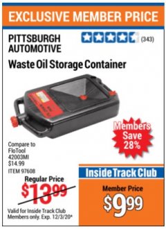 Harbor Freight ITC Coupon WASTE OIL STORAGE CONTAINER Lot No. 97608 Expired: 12/3/20 - $9.99