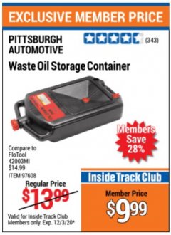 Harbor Freight ITC Coupon PITTSBURGH WASTE OIL STORAGE CONTAINER Lot No. 97608 Expired: 12/3/20 - $9.99