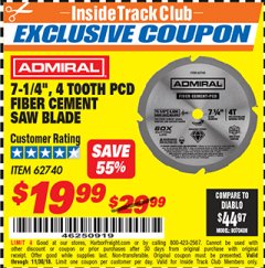 Harbor Freight ITC Coupon 7-1/4", 4 TOOTH PCD FIBER CEMENT SAW BLADE Lot No. 62740 Expired: 11/30/18 - $19.99