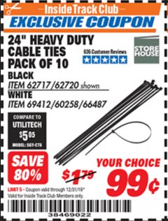 Harbor Freight ITC Coupon 24" HEAVY DUTY CABLE TIES PACK OF 10 Lot No. 62717/62720 Expired: 12/31/19 - $0.99