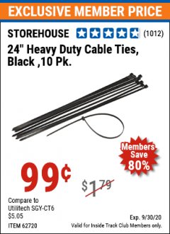 Harbor Freight ITC Coupon STOREHOUSE 24 IN. CABLE TIES, 10-PACK Lot No. 62720/66487 Expired: 9/30/20 - $0.99