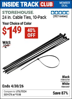 Harbor Freight Coupon STOREHOUSE 24 IN. UV-RESISTANT BLACK CABLE TIES, 10-PACK Lot No. 62720 Valid: 12/31/69 - 4/30/26 - $1.49