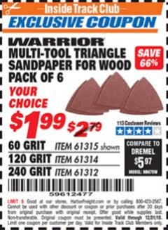Harbor Freight ITC Coupon 6 PIECE MULTI-TOOL TRIANGLE SANDPAPER FOR WOOD Lot No. 61312/61314/61315 Expired: 12/31/18 - $1.99