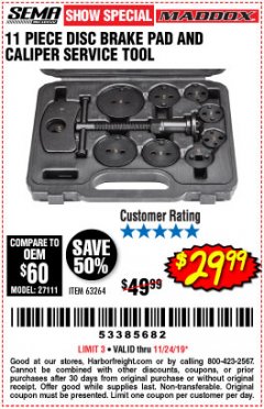 Harbor Freight Coupon 11 PIECE DISC BRAKE PAD AND CALIPER SERVICE TOOL KIT Lot No. 63264 Expired: 11/24/19 - $29.99
