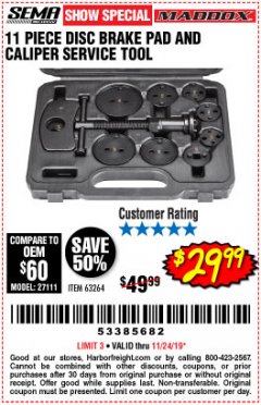 Harbor Freight Coupon MADDOX DISC BRAKE PAD AND CALIPER SERVICE TOOL KIT 11 PC. Lot No. 63264 Expired: 11/24/19 - $29.99