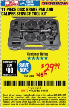 Harbor Freight Coupon MADDOX DISC BRAKE PAD AND CALIPER SERVICE TOOL KIT 11 PC. Lot No. 63264 Expired: 1/31/20 - $29.99