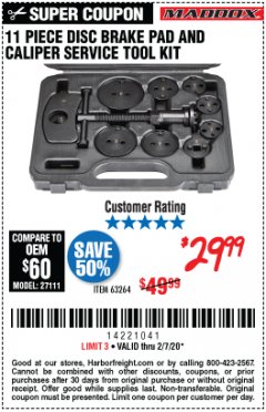 Harbor Freight Coupon MADDOX DISC BRAKE PAD AND CALIPER SERVICE TOOL KIT 11 PC. Lot No. 63264 Expired: 2/7/20 - $29.99