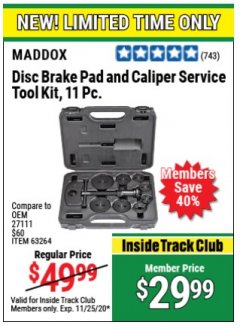 Harbor Freight Coupon 11 PIECE DISC BRAKE PAD AND CALIPER SERVICE TOOL KIT Lot No. 63264 Expired: 11/25/20 - $29.99