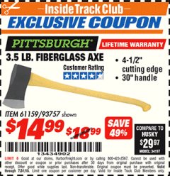 Harbor Freight ITC Coupon PITTSBURGH 3-1/2 LB. FIBERGLASS AXE Lot No. 93757 Expired: 7/31/18 - $14.99