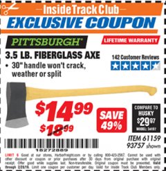 Harbor Freight ITC Coupon PITTSBURGH 3-1/2 LB. FIBERGLASS AXE Lot No. 93757 Expired: 2/28/19 - $14.99