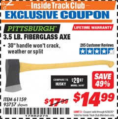 Harbor Freight ITC Coupon PITTSBURGH 3-1/2 LB. FIBERGLASS AXE Lot No. 93757 Expired: 6/30/20 - $14.99