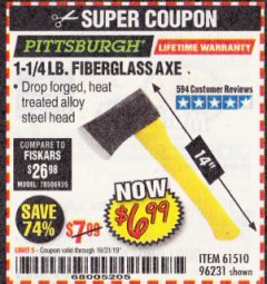 Harbor Freight Coupon PITTSBURGH 3-1/2 LB. FIBERGLASS AXE Lot No. 93757 Expired: 10/31/19 - $6.99