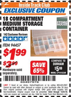 Harbor Freight ITC Coupon 18 COMPARTMENT MEDIUM STORAGE CONTAINER Lot No. 94457 Expired: 12/31/18 - $1.99