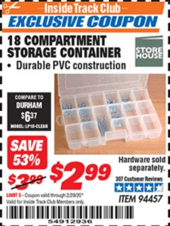 Harbor Freight ITC Coupon 18 COMPARTMENT MEDIUM STORAGE CONTAINER Lot No. 94457 Expired: 2/29/20 - $2.99