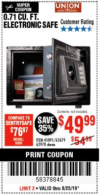 Harbor Freight Coupon 0.17 CUBIC FT. ELECTRONIC HANDGUN SAFE Lot No. 61581/62984 Expired: 8/25/19 - $49.99