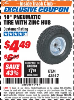 Harbor Freight ITC Coupon 10" PNEUMATIC TIRE WITH ZINC HUB Lot No. 43612 Expired: 10/31/18 - $4.49