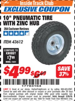 Harbor Freight ITC Coupon 10" PNEUMATIC TIRE WITH ZINC HUB Lot No. 43612 Expired: 2/28/19 - $4.99
