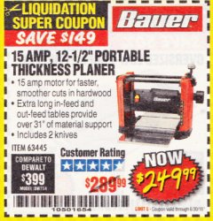 Harbor Freight Coupon BAUER 15 AMP 12 1/2" PORTABLE THICKNESS PLANER Lot No. 63445 Expired: 6/30/18 - $249.99