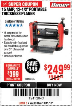 Harbor Freight Coupon BAUER 15 AMP 12 1/2" PORTABLE THICKNESS PLANER Lot No. 63445 Expired: 11/11/18 - $249.99